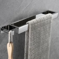 Adhesive Towel Bar with Hook, SUS304 Stainless Steel Hand Towel Holder for Bathroom, Towel Rack for Rolled Towels 40cm