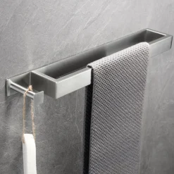 Adhesive Towel Bar with Hook, SUS304 Stainless Steel Hand Towel Holder for Bathroom, Towel Rack for Rolled Towels 40cm