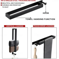 Adhesive Towel Bar with Hook, SUS304 Stainless Steel Hand Towel Holder for Bathroom, Towel Rack for Rolled Towels 40cm