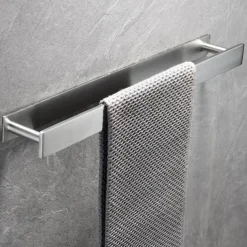 Adhesive Towel Bar with Hook, SUS304 Stainless Steel Hand Towel Holder for Bathroom, Towel Rack for Rolled Towels 40cm