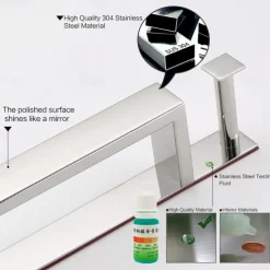 Adhesive Towel Bar with Hook, SUS304 Stainless Steel Hand Towel Holder for Bathroom, Towel Rack for Rolled Towels 40cm