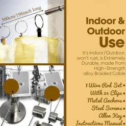 Adjustable Indoor Outdoor Wire Curtain Rod Room Divider Hanging System with 24 Clips Wire Hanging System For Tapestry Clothesline Clothes Hanger Craft Art Decoration on Walls