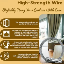 Adjustable Indoor Outdoor Wire Curtain Rod Room Divider Hanging System with 24 Clips Wire Hanging System For Tapestry Clothesline Clothes Hanger Craft Art Decoration on Walls