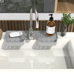 Adjustable Silicone Sponge Holder, Faucet Water Catcher Mat, 2 IN 1 Absorbent Faucet Splash Mat, Draining Faucet Water Catcher Mat, Sponge Holder Over Faucet Sink Organizer, Kitchen Bathroom Sink Acce