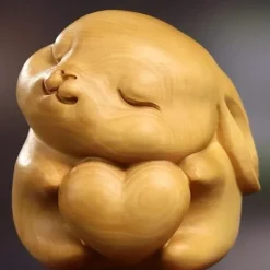 Adorable Love Rabbit Handcrafted Wooden Figurine - Collectible Figurines, Cute Desk Decoration, Handicraft Series Gift Supplies with Exquisite Carving Details