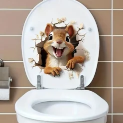 Adorable Squirrel 3D Toilet Sticker, Creative Waterproof Bathroom Decal, Easy to Apply No-Electricity Plastic Toilet Lid Cover Decoration