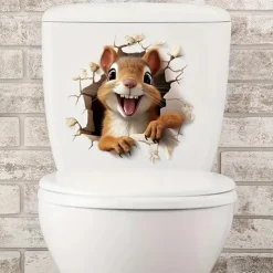 Adorable Squirrel 3D Toilet Sticker, Creative Waterproof Bathroom Decal, Easy to Apply No-Electricity Plastic Toilet Lid Cover Decoration