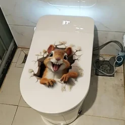 Adorable Squirrel 3D Toilet Sticker, Creative Waterproof Bathroom Decal, Easy to Apply No-Electricity Plastic Toilet Lid Cover Decoration