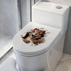 Adorable Squirrel 3D Toilet Sticker, Creative Waterproof Bathroom Decal, Easy to Apply No-Electricity Plastic Toilet Lid Cover Decoration