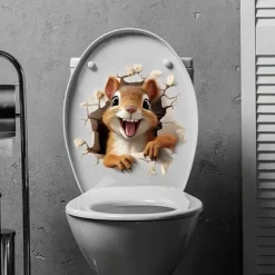 Adorable Squirrel 3D Toilet Sticker, Creative Waterproof Bathroom Decal, Easy to Apply No-Electricity Plastic Toilet Lid Cover Decoration