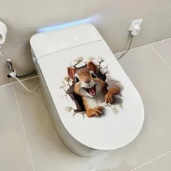 Adorable Squirrel 3D Toilet Sticker, Creative Waterproof Bathroom Decal, Easy to Apply No-Electricity Plastic Toilet Lid Cover Decoration