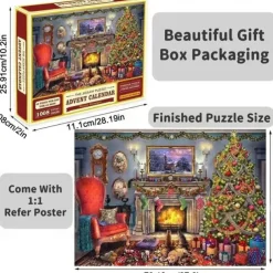 Advent Calendar 2024 Christmas Jigsaw Puzzles Blind Box Christmas by the Fireplace Holiday Puzzles for Adults Kids, 24 Parts 1008 Pieces Jigsaw Puzzles Gift for Countdown to Christmas
