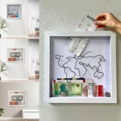 Adventure Archive Box, Travel Shadow Box with Slot, Memory Boxes for Keepsakes, Shadow Box Frame, Ticket Holder with World Map and Plane Design, Photo Theatre Movie Concert Ticket