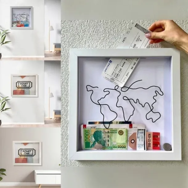 Adventure Archive Box, Travel Shadow Box with Slot, Memory Boxes for Keepsakes, Shadow Box Frame, Ticket Holder with World Map and Plane Design, Photo Theatre Movie Concert Ticket