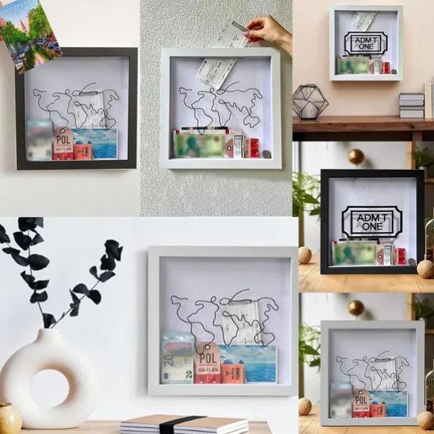 Adventure Archive Box, Travel Shadow Box with Slot, Memory Boxes for Keepsakes, Shadow Box Frame, Ticket Holder with World Map and Plane Design, Photo Theatre Movie Concert Ticket