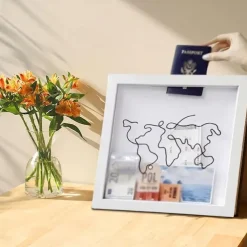 Adventure Archive Box, Travel Shadow Box with Slot, Memory Boxes for Keepsakes, Shadow Box Frame, Ticket Holder with World Map and Plane Design, Photo Theatre Movie Concert Ticket