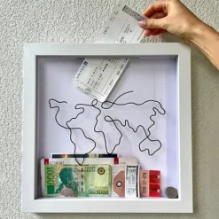 Adventure Archive Box, Travel Shadow Box with Slot, Memory Boxes for Keepsakes, Shadow Box Frame, Ticket Holder with World Map and Plane Design, Photo Theatre Movie Concert Ticket