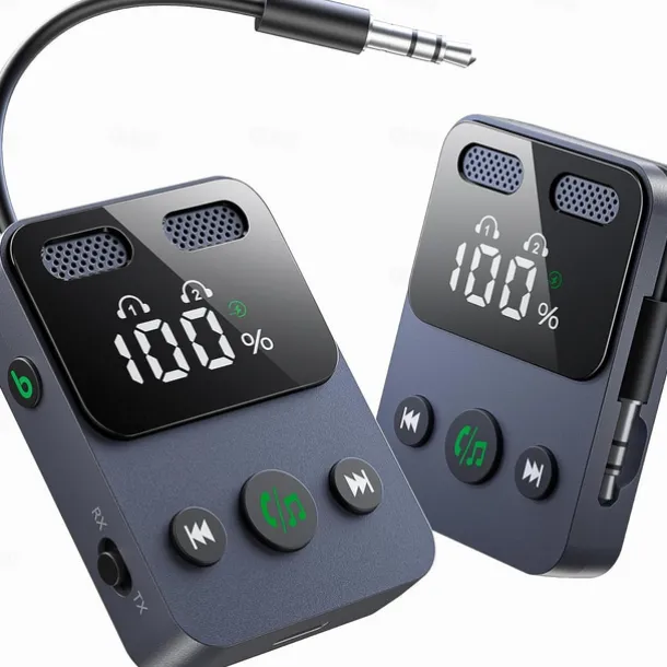 Airplane Bluetooth Transmitter Receiver for 2 AirPods or Headphones, HD Display Low Latency Bluetooth Wireless Transmitter, 3.5mm Aux Audio Jack Adapter for Airplane/TV/Car/Home Stereo