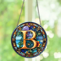 Alphabet Stained Window Hanging Suncatcher For Windows Panels Sun Catcher Autumn Ornament Decoration Alphabet Memorial Gift For Friend, Christmas Xmas Gift
