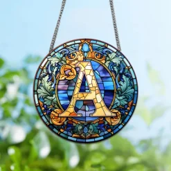 Alphabet Stained Window Hanging Suncatcher For Windows Panels Sun Catcher Autumn Ornament Decoration Alphabet Memorial Gift For Friend, Christmas Xmas Gift