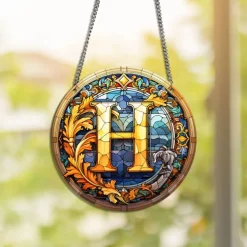 Alphabet Stained Window Hanging Suncatcher For Windows Panels Sun Catcher Autumn Ornament Decoration Alphabet Memorial Gift For Friend, Christmas Xmas Gift