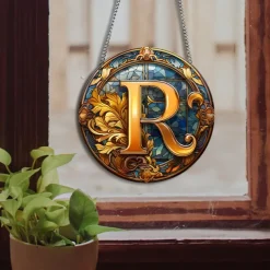 Alphabet Stained Window Hanging Suncatcher For Windows Panels Sun Catcher Autumn Ornament Decoration Alphabet Memorial Gift For Friend, Christmas Xmas Gift