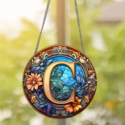 Alphabet Stained Window Hanging Suncatcher For Windows Panels Sun Catcher Autumn Ornament Decoration Alphabet Memorial Gift For Friend, Christmas Xmas Gift