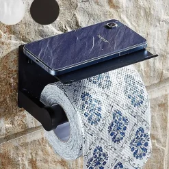 Aluminium Bathroom Paper Holder with Mobile Phone Storage Shelf Wall Mounted Roll Holder Black and Silvery 1pc