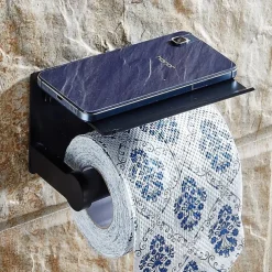 Aluminium Bathroom Paper Holder with Mobile Phone Storage Shelf Wall Mounted Roll Holder Black and Silvery 1pc