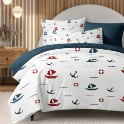 Anchor Duvet Cover Set, Nautical Theme Bedding, Soft Microfiber, Includes Duvet Cover & Pillowcases, Fade-Resistant, Zipper Closure, Machine Washable, Available in Queen, King, and Twin Size