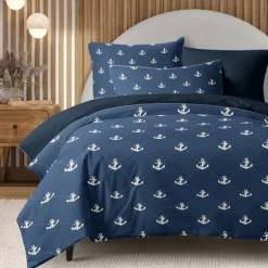 Anchor Duvet Cover Set, Nautical Theme Bedding, Soft Microfiber, Includes Duvet Cover & Pillowcases, Fade-Resistant, Zipper Closure, Machine Washable, Available in Queen, King, and Twin Size