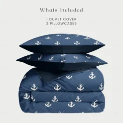 Anchor Duvet Cover Set, Nautical Theme Bedding, Soft Microfiber, Includes Duvet Cover & Pillowcases, Fade-Resistant, Zipper Closure, Machine Washable, Available in Queen, King, and Twin Size