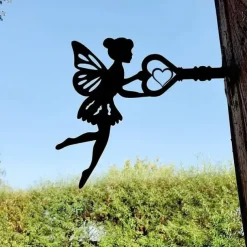 Angel On Branch Steel Silhouette Metal Wall Art Home Garden Yard Patio Outdoor Statue Stake Decoration Perfect For Birthdays, Housewarming Gifts