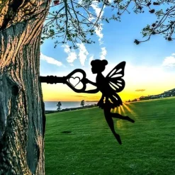 Angel On Branch Steel Silhouette Metal Wall Art Home Garden Yard Patio Outdoor Statue Stake Decoration Perfect For Birthdays, Housewarming Gifts