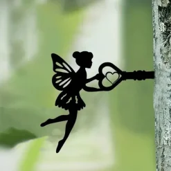 Angel On Branch Steel Silhouette Metal Wall Art Home Garden Yard Patio Outdoor Statue Stake Decoration Perfect For Birthdays, Housewarming Gifts