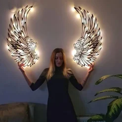 Angel Wings Wall Art Decor with Lights, Metal 3D Angel Wings Wall Sculpture Art Indoor Outdoor Wall Hanging for Home Bedroom Living Room Garden Office
