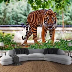 Animal Tiger Forest Hanging Tapestry Wall Art Large Tapestry Mural Decor Photograph Backdrop Blanket Curtain Home Bedroom Living Room Decoration