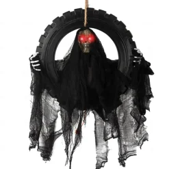 Animated Halloween Wreath Decoration Prop for Front Door Talking and Moving Black Grim Reaper Haunted House Decor