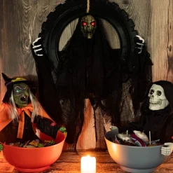 Animated Halloween Wreath Decoration Prop for Front Door Talking and Moving Black Grim Reaper Haunted House Decor