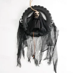 Animated Halloween Wreath Decoration Prop for Front Door Talking and Moving Black Grim Reaper Haunted House Decor