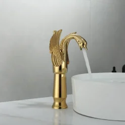 Antique Bathroom Sink Mixer Faucet, Washroom Basin Taps Brass Swan Shape Copper Electroplated Finish Vintage Style Single Handle One Hole Water Taps with Cold Hot Hose