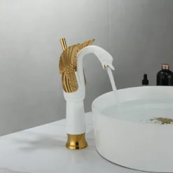 Antique Bathroom Sink Mixer Faucet, Washroom Basin Taps Brass Swan Shape Copper Electroplated Finish Vintage Style Single Handle One Hole Water Taps with Cold Hot Hose