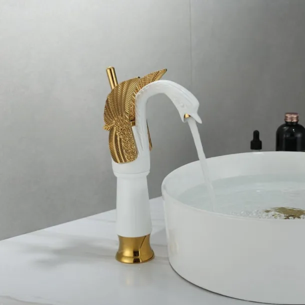 Antique Bathroom Sink Mixer Faucet, Washroom Basin Taps Brass Swan Shape Copper Electroplated Finish Vintage Style Single Handle One Hole Water Taps with Cold Hot Hose
