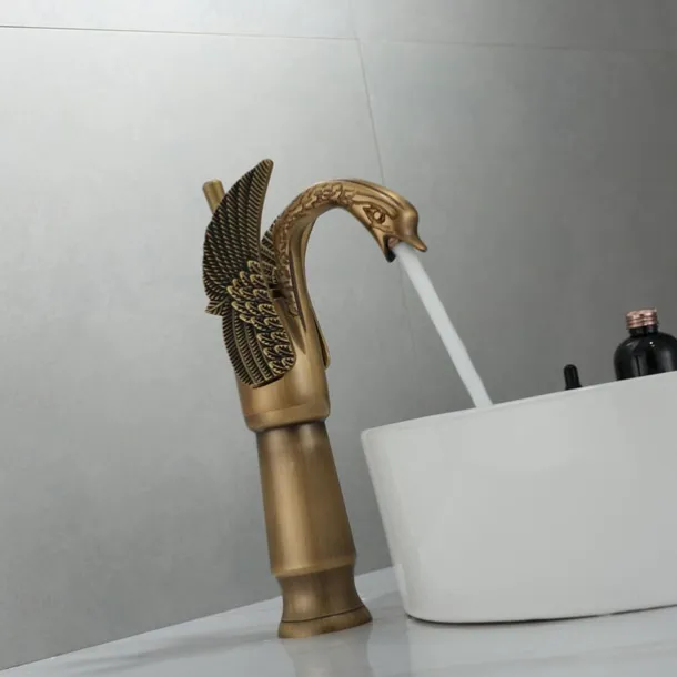 Antique Bathroom Sink Mixer Faucet, Washroom Basin Taps Brass Swan Shape Copper Electroplated Finish Vintage Style Single Handle One Hole Water Taps with Cold Hot Hose