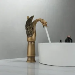 Antique Bathroom Sink Mixer Faucet, Washroom Basin Taps Brass Swan Shape Copper Electroplated Finish Vintage Style Single Handle One Hole Water Taps with Cold Hot Hose