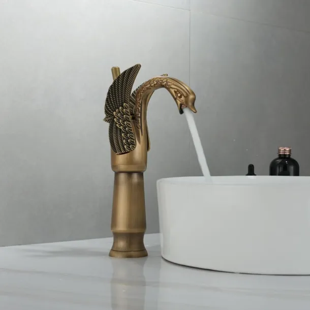 Antique Bathroom Sink Mixer Faucet, Washroom Basin Taps Brass Swan Shape Copper Electroplated Finish Vintage Style Single Handle One Hole Water Taps with Cold Hot Hose