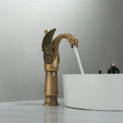 Antique Bathroom Sink Mixer Faucet, Washroom Basin Taps Brass Swan Shape Copper Electroplated Finish Vintage Style Single Handle One Hole Water Taps with Cold Hot Hose