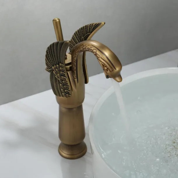 Antique Bathroom Sink Mixer Faucet, Washroom Basin Taps Brass Swan Shape Copper Electroplated Finish Vintage Style Single Handle One Hole Water Taps with Cold Hot Hose