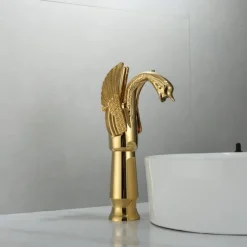 Antique Bathroom Sink Mixer Faucet, Washroom Basin Taps Brass Swan Shape Copper Electroplated Finish Vintage Style Single Handle One Hole Water Taps with Cold Hot Hose