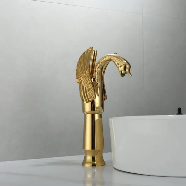 Antique Bathroom Sink Mixer Faucet, Washroom Basin Taps Brass Swan Shape Copper Electroplated Finish Vintage Style Single Handle One Hole Water Taps with Cold Hot Hose